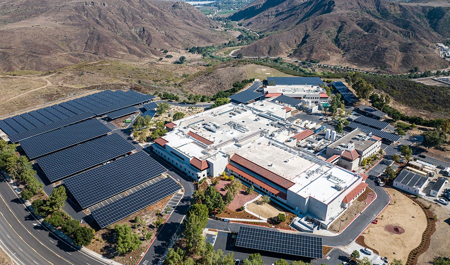 Solar panels on commercial building rooftop